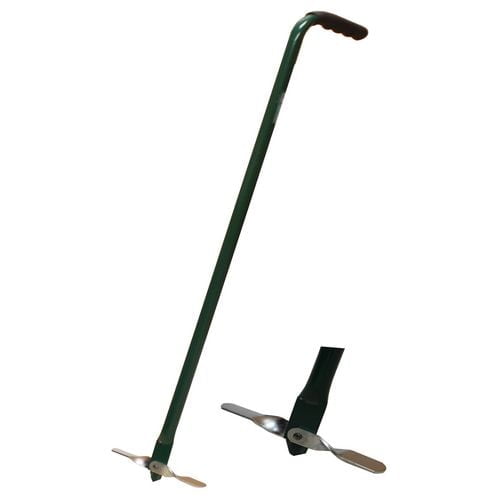 Compost Turning Fork with a 32-inch powder-coated steel handle and solid steel winged aerator designed for aerating compost piles by distributing air and moisture evenly, featuring an ergonomic black grip for efficient single-hand use.