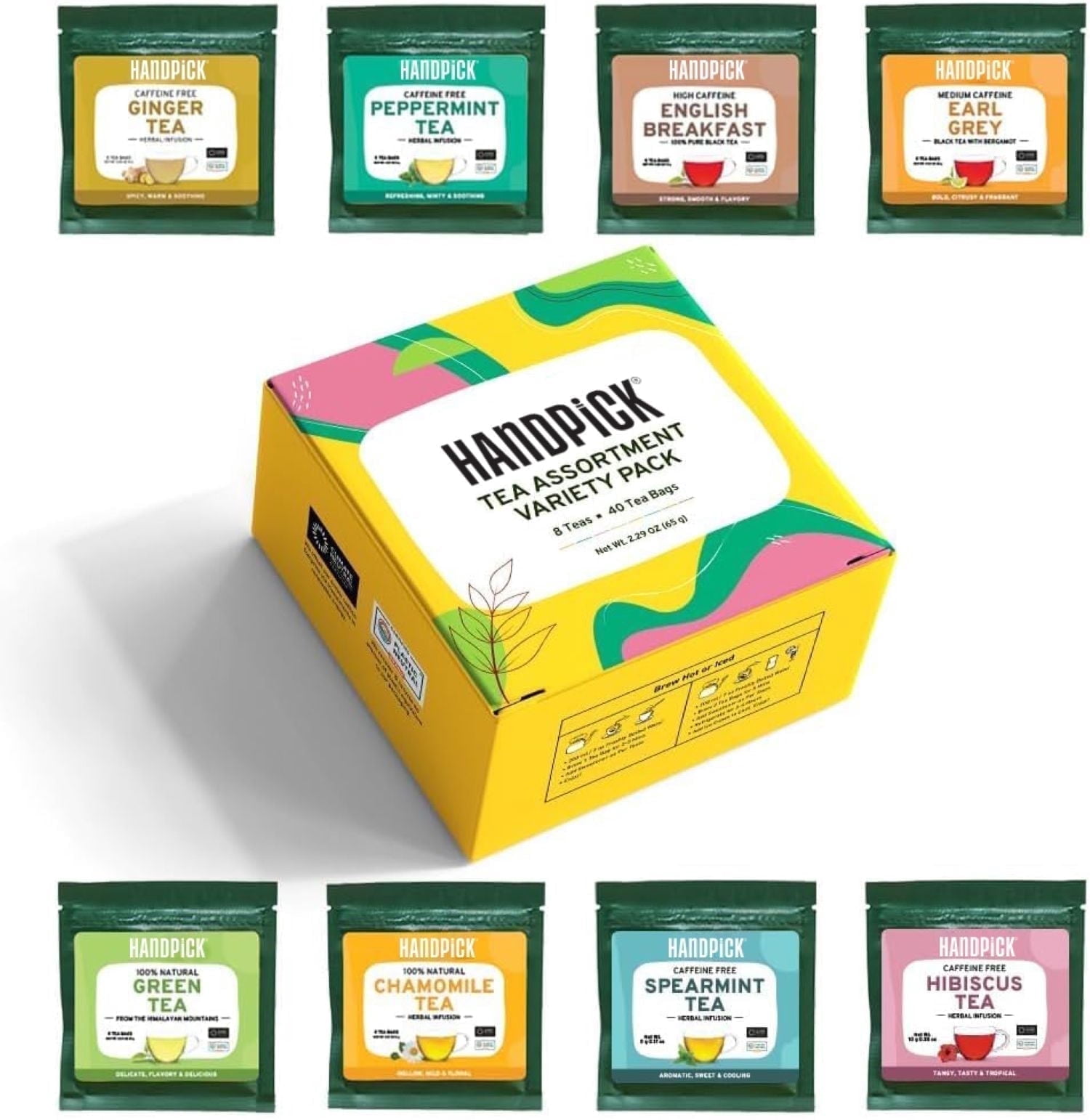 HANDPICK Assorted Tea Variety Pack Gift Set, 8 Flavors, 40 Tea Bags | Caffeine-Free