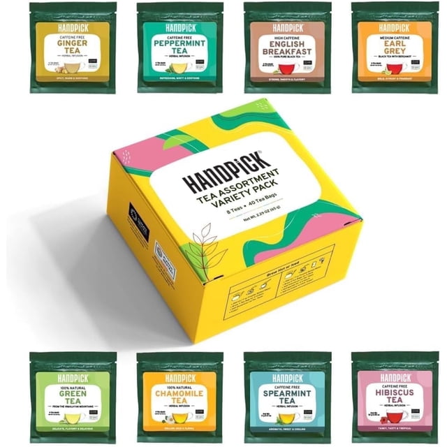 HANDPICK Assorted Tea Variety Pack Gift Set with 8 flavors and 40 eco-friendly tea bags. Includes Chamomile, Hibiscus, Ginger, English Breakfast Black, Earl Grey, Spearmint, Peppermint, and Green teas. A Carbon-Neutral and Plastic-Neutral product, perfect for gifting or personal enjoyment.