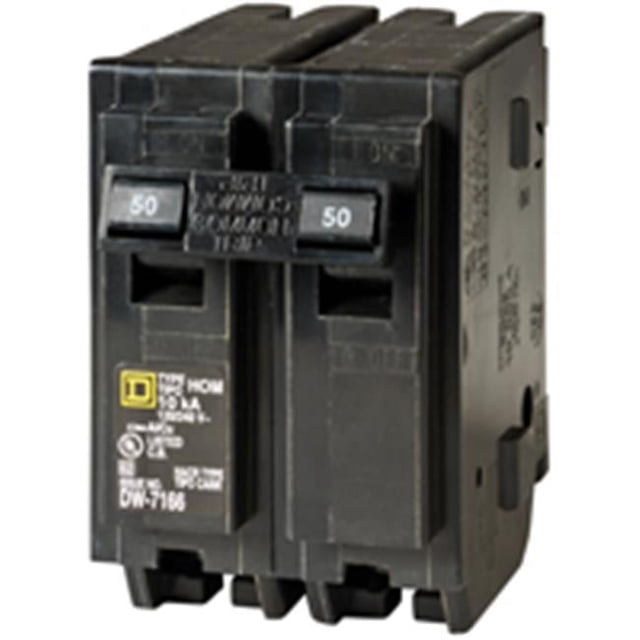 Homeline 50-Amp Double-Pole Circuit Breaker - HOM250CP by Square D. A compact, plug-in circuit breaker with a thermal-magnetic tripping mechanism for overload and short-circuit protection. Designed for residential use, it is compatible with Homeline load centers and CSED devices. Features a 10,000 AIR rating and operates at 120/240 VAC. Dimensions are 10.21 x 3.18 x 3.28 inches, and it weighs 0.72 lbs. The breaker is black with dual 50-amp switches.