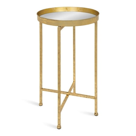 Kate and Laurel Celia Table d'Appoint Ronde en Métal Pliable Mesurant 14x14x25,75 Pouces en or avec Dessus Miroir. la Table Présente un design de Plateau Rond avec un Cadre Métallique Pliable, la Rendant Polyvalente et Facile à Ranger. Convient comme Table d'Appoint Ou de Bout dans les Salons Ou les Espaces d'Accent.