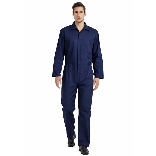 TOPTIE Men's Long Sleeve Coverall, Action Back Coverall Relaxed Fit, Work Wear Suit in a navy blue color. Made from a durable and breathable 6.3 oz 65% polyester and 35% cotton twill fabric, this coverall features a two-way zipper closure with concealed snaps, a generous-fit back, and an elastic waistband for freedom of movement. Includes multiple spacious pockets: 2 front chest pockets, 2 trousers pockets, 1 ruler pocket, and 2 rear hip pockets with buttons. Suitable for tasks like painting, gardening, car repair, and mechanical work.