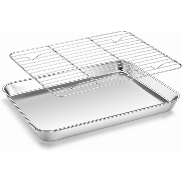 Plaque à Pâtisserie avec Grille x Plaque Quart en Acier Inoxydable avec Grille de Refroidissement en Fil Ensemble pour Four Grille-Pain Rôtissage Métal Bacon Plateaux à Biscuits Antiadhésifs et Rouille Lave-Vaisselle