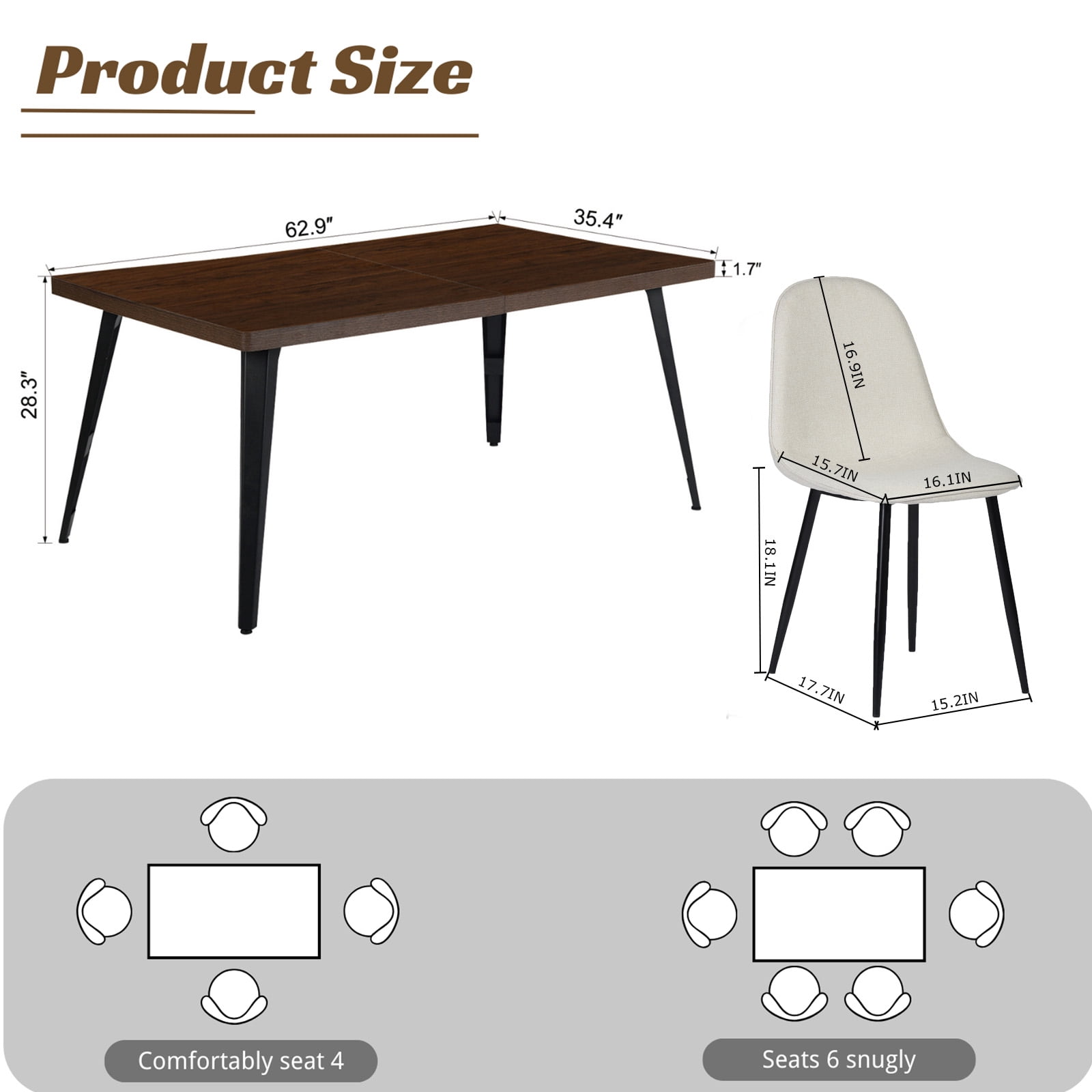 Homy Casa 63 inch Dining Set for 4, Large Table with Upholstered Chairs