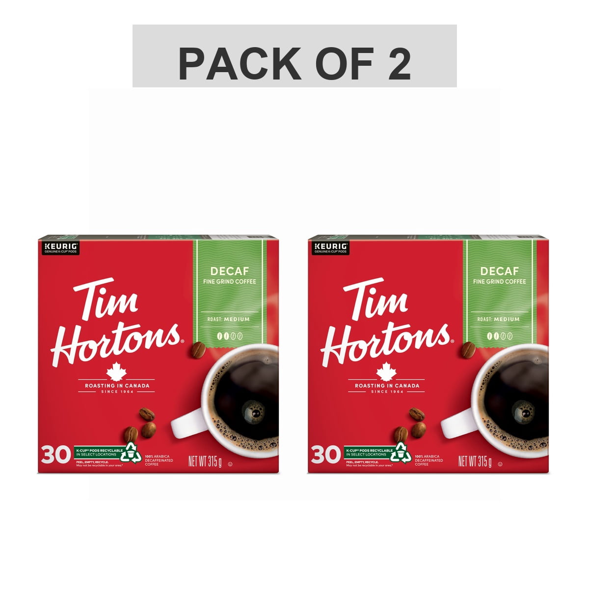 Pack of 2 - Tim Hortons Decaf Coffee, Single Serve Keurig K Cup Pods, 30 Count