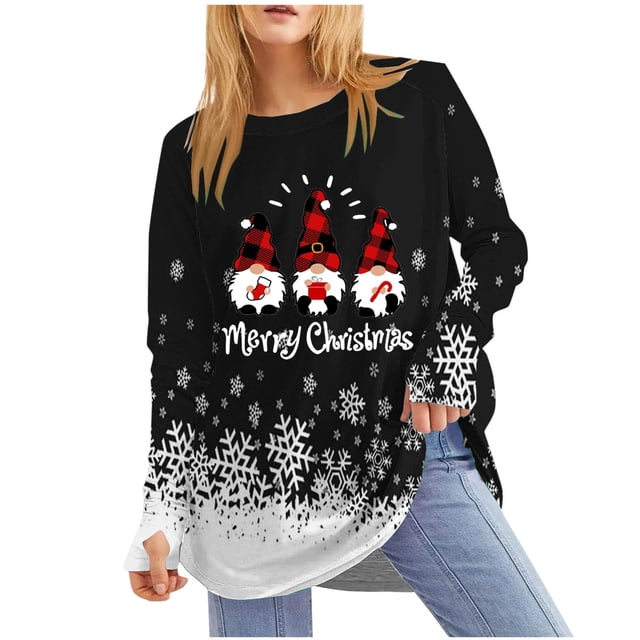 Hauts de Noël pour Femmes Haut à Imprimé de Noël pour Femmes Col Rond Manches Raglan Manches Longues Haut à Manches avec Passe-Pouce Hauts de Noël pour Femmes