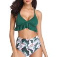 thumbnail image 1 of Women Two Piece Swimsuits High Waisted Ruffle Flounce Bikini V Neck Tummy Control Bathing Suit Green Floral (M, 1 of 5