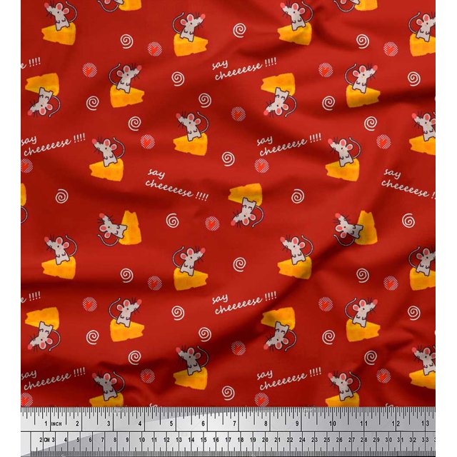Soimoi Tissu Satin Modal Rouge Tranche de Fromage & Rats Imprimé pour Enfants Tissu au Mètre 42 Pouces de Large