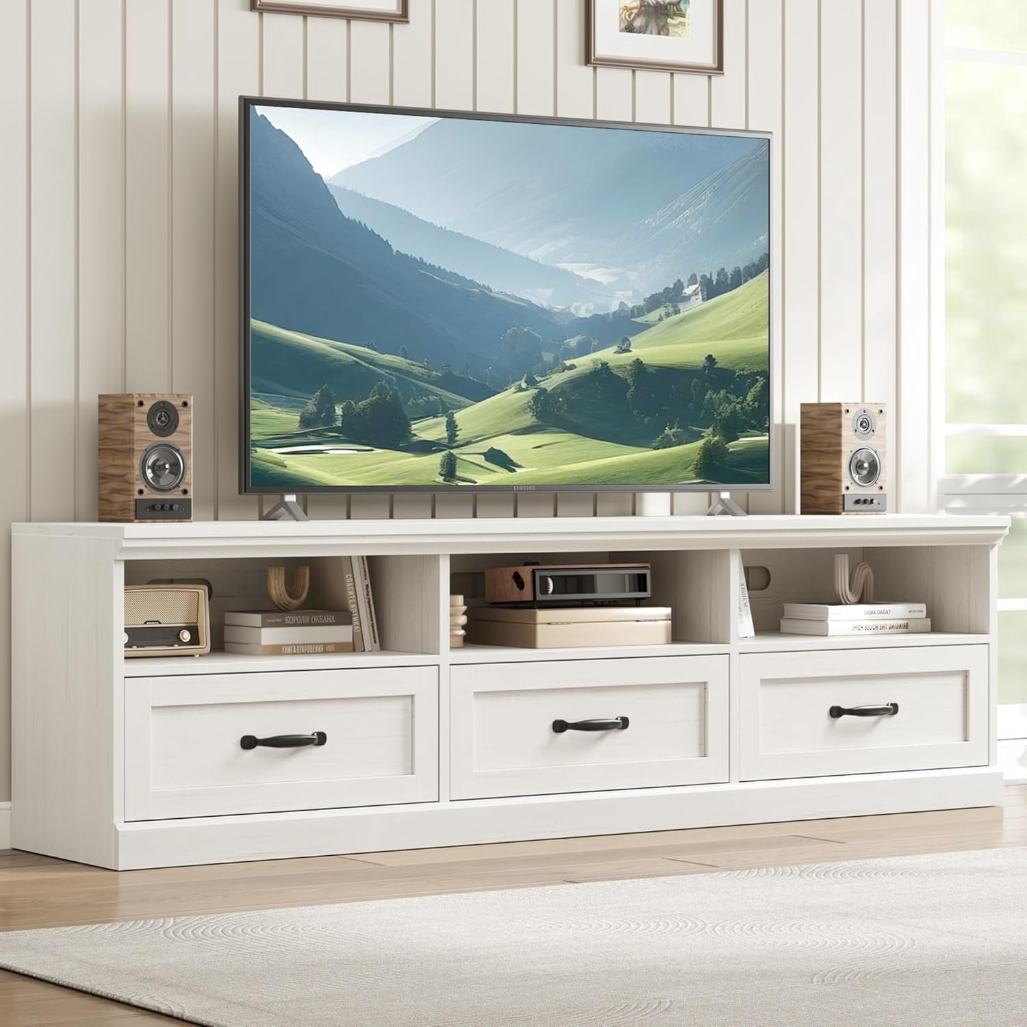 TV Stand for 65/70/75 in TV, Entertainment Centre with Storage Drawer, Mid-Century Modern TV Console with Open Shelves, 70 in Media TV Cabinet for Living Room, Bedroom, Vintage White