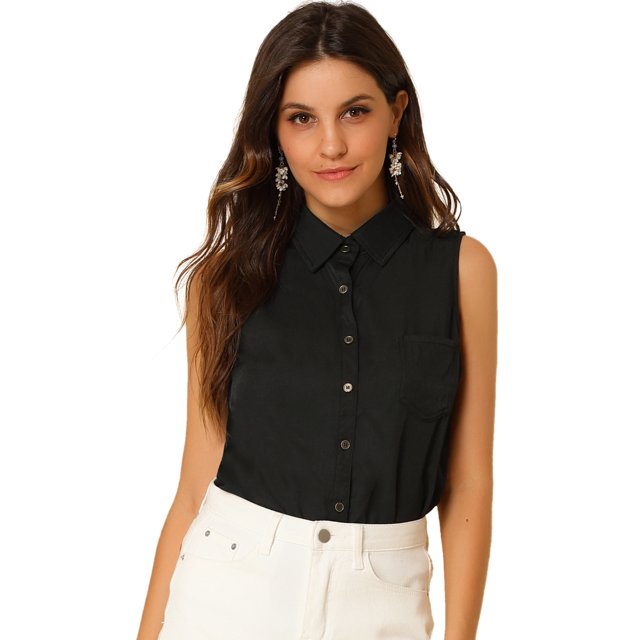INSPIRE CHIC Chemise Sans Manches à Col Pointu à Simple Boutonnage pour Femme