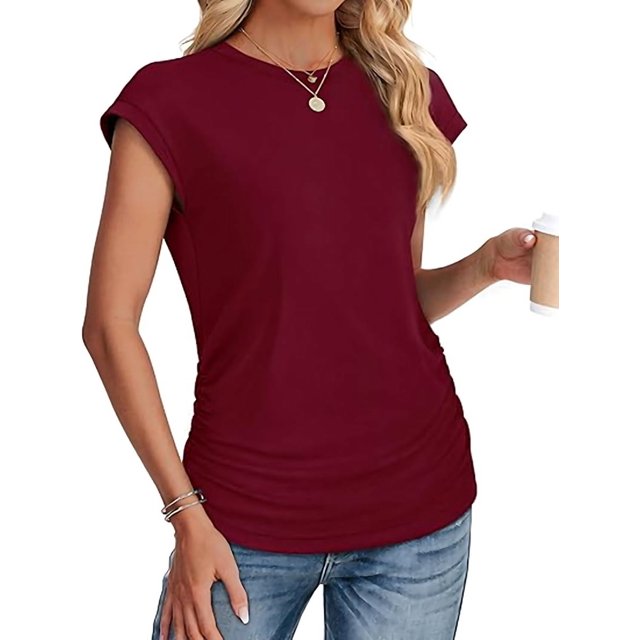 T-shirts d'Été pour Femmes Froncés à Manches Courtes Style Cap, T-Shirts à Col Rond, Mode Rouge Vin G