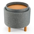 thumbnail image 1 of Gymax Pouf Rond de Rangement avec Plateau, Repose-Pieds Rembourré d'Accent avec Pattes en Bois, Gris, 1 of 10