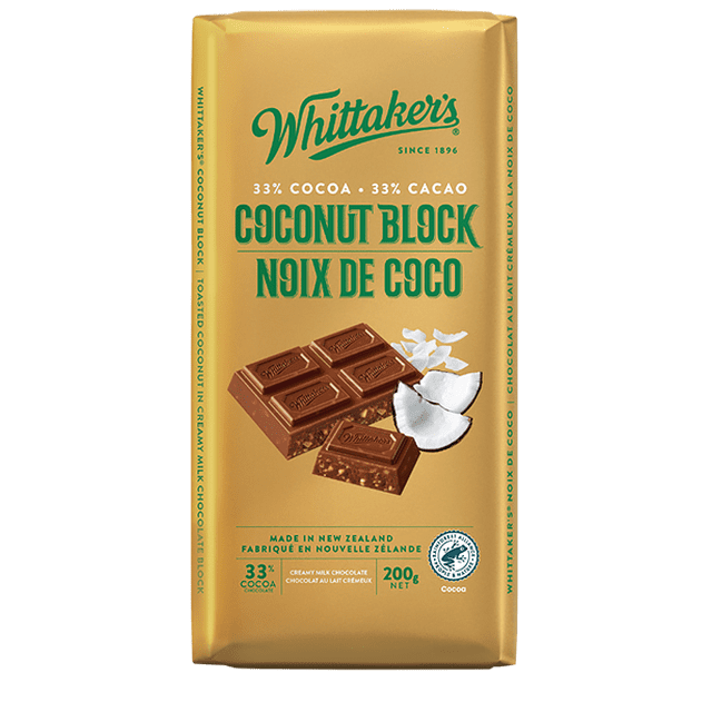 Whittaker's Coconut Block, 200 Gram, creamy milk chocolate with 33% cocoa and toasted coconut pieces, wrapped in gold packaging with green text, Rainforest Alliance Certified and non-GMO, made in New Zealand, suitable as a sweet snack.