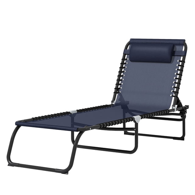 Folding Lounge Chair with 4-Position Adjustable Backrest, Breathable Mesh Chaise Lounge with Steel Frame and Removable Pillow, Portable for Camping, Beach, Pool, Dark Blue