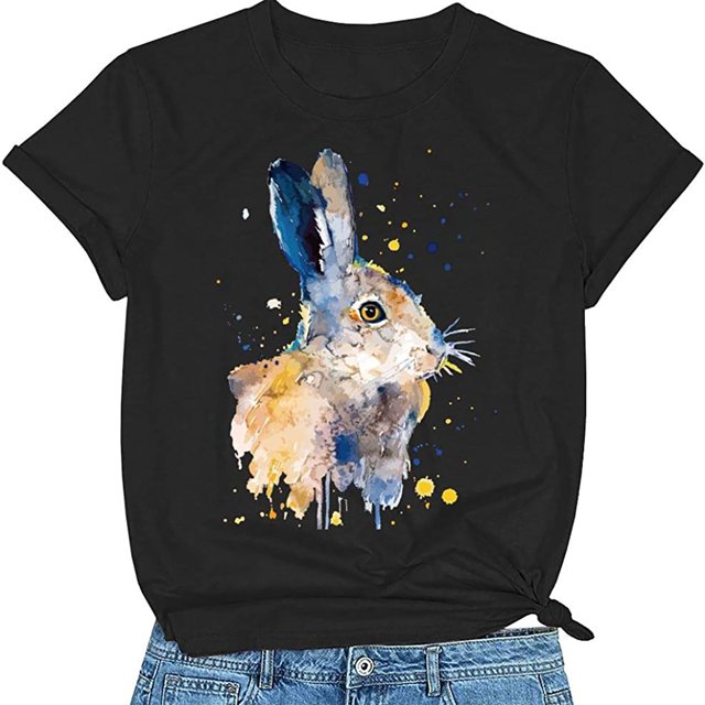 EGNMCR T-Shirt de Pâques à Manches Courtes pour Femmes, Imprimé de Pâques, T-Shirt Ample à Manches Courtes à Col Rond avec Motif Imprimé de Lapin de Pâques pour Femmes, T-Shirt pour Femmes