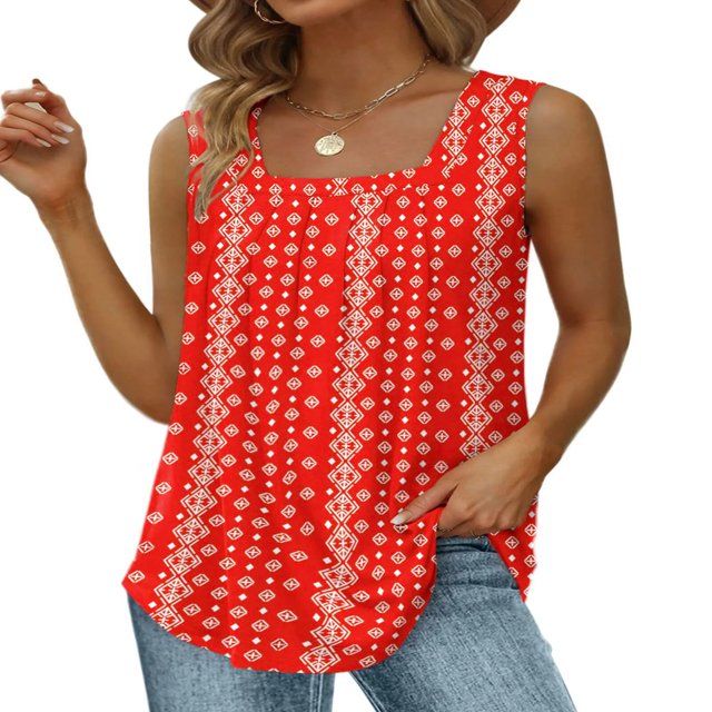 CHUANK Tank Tops for Women Pleated Square Neck Sleeveless Summer Tops Curved Hem Flowy Shirts