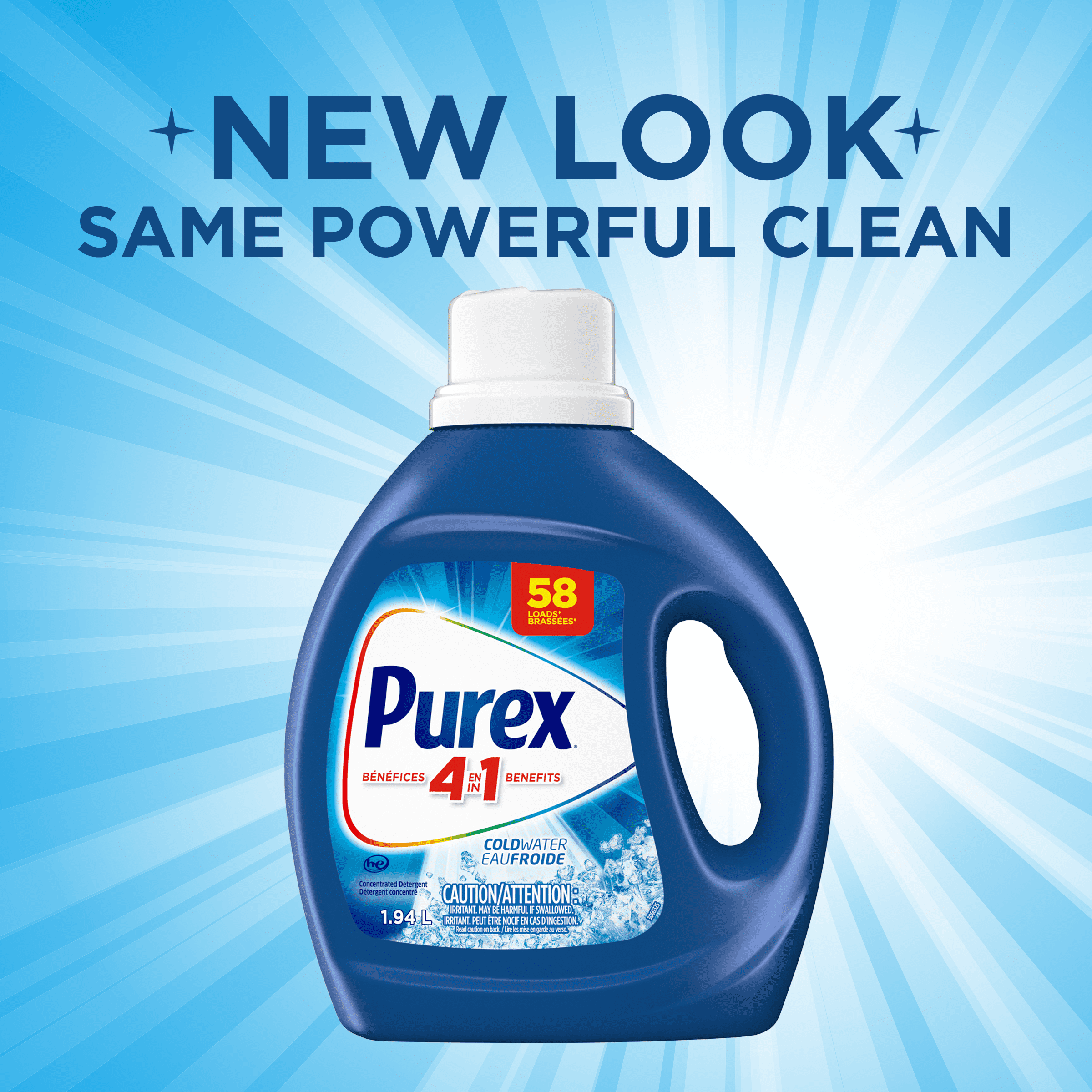 Détergent à lessive liquide concentré avec bénéfices 4-en-1, Purex Eau froide, puissant contre les taches, ravive et blanchit les vêtements, 1,94 L, 58 brassées, compatible avec les laveuses HE