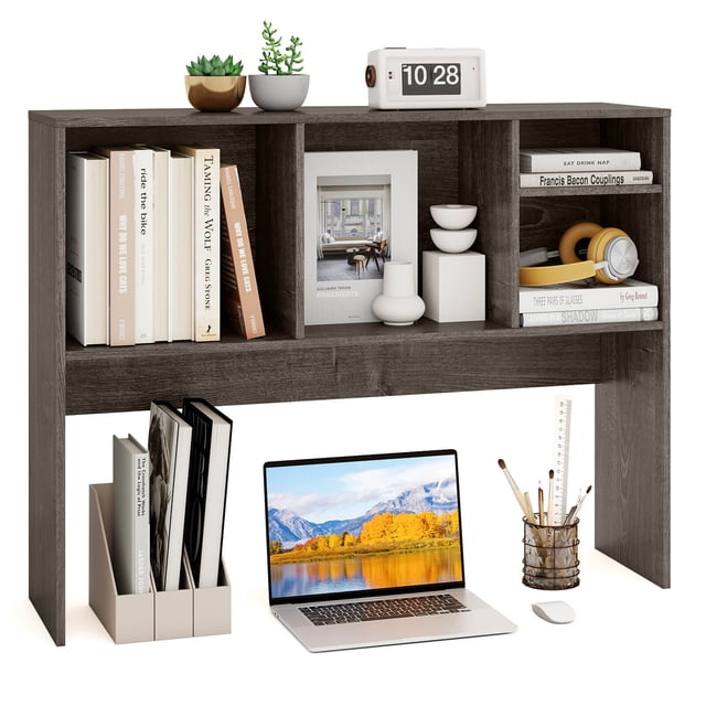 Costway Computer Desktop Bookcase Countertop Storage Bookshelf Organizer with 4 Cubbies oak-finish front-facing tabletop bookshelf with a wide top shelf, four 2x2 cubbies and an open-back bottom compartment; engineered wood/MDF texture, visible rear crossbar, non-slip foot pads and anti-tipping kit included, 37" x 10" x 29", suitable for organizing a computer desk or dorm workspace.