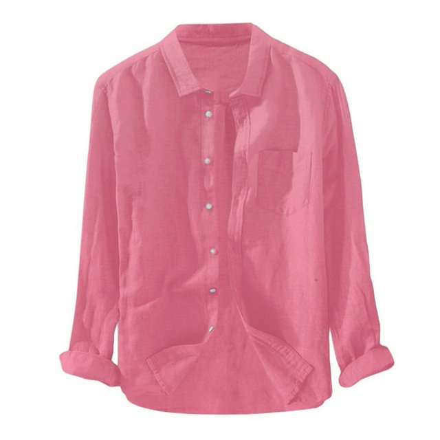 Men‘s Baggy Solid Cotton Linen Long Sleeve Button Pocket Plus Size T Shirts