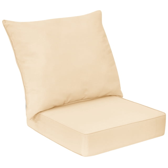 Gymax 2PCS Deep Seat Chair Cushion Pads Set in beige, featuring a seat cushion and backrest designed for indoor and outdoor use. Ideal for patio furniture, wicker chairs, and outdoor decor. Made from waterproof polyester fabric with high-resilience cotton filling for comfort and durability. Includes rope belts for secure attachment and removable covers with zippers for easy cleaning.