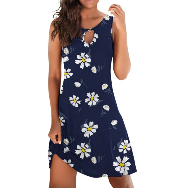 TJAZFJPA Robe de Plage Grande Taille pour Femmes Élégante à Col Rond Robe Débardeur Robe Décontractée à Imprimé Floral Robes d'Été pour Femmes Robes de Fête de Noël pour Femmes