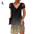 thumbnail image 3 of fastboy Robe Courte à Manches Courtes Imprimée Col en V pour Femmes Robe Décontractée Soirée École Fiançailles Mariage d'Été Fête d'Anniversaire Or L, 3 of 5