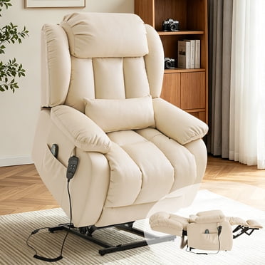 TEKAMON Infinite Position Lift Recliner Chair for Elderly with Heat Massage and Extended Footrest Lay Flat Sleeping Leather Dual Motor Power Lift Chair for Living Room (Beige)