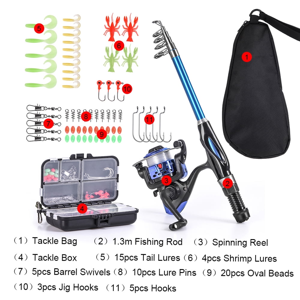 Reel Fishing Rod Reel Combo Full Kit 1. Telescopic Fishing Rod Spinning Reel Set with Hooks Soft Lures Barrel Swivels Storage Bag
