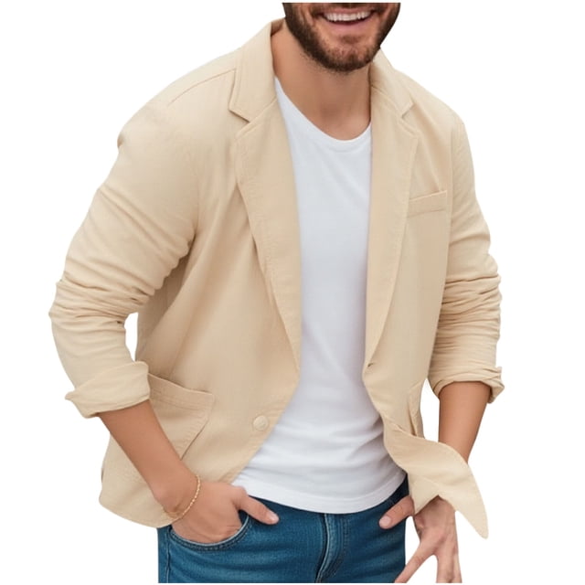 Veste de Complet Décontractée pour Homme avec Col à Revers, Manches Longues, Imitation Lin, Détails de Poches