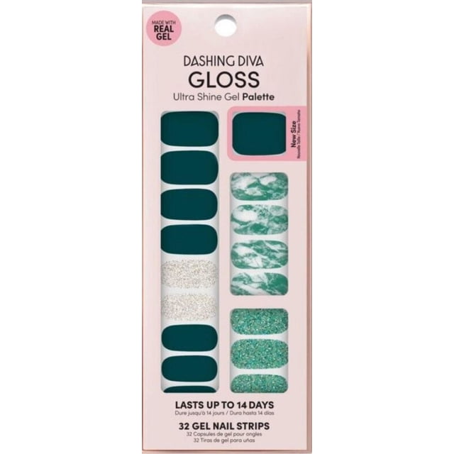 DASHING DIVA-GLOSS Ensemble de Bandes pour Ongles en gel IVY OPAL avec 32 Bandes Vertes Ultra Brillantes Présentant des Motifs Pailletés et Marbrés, Offrant jusqu'à 14 Jours de Port Résistant aux Éclats dans une Formule en gel à Application Rapide, Sans Plis, avec Retrait Doux, Emballé dans une Boîte palette Rose.