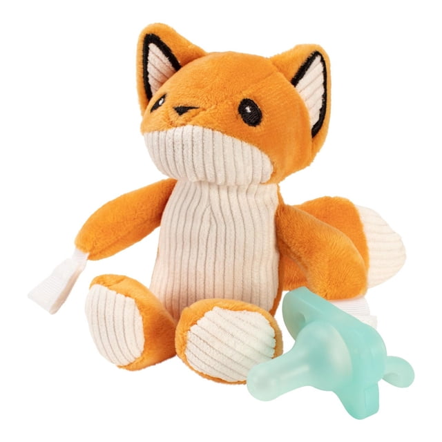 Dr. Brown's Lovey Pacifier and Teether Holder Franny the Fox with Happy Paci Silicone Pacifier shows a front-facing orange and cream corduroy plush fox holding a fabric loop, paired with a light blue silicone pacifier. This baby pacifier holder soothes and stimulates with soft, multi-textured materials and keeps pacifiers and teethers close by.