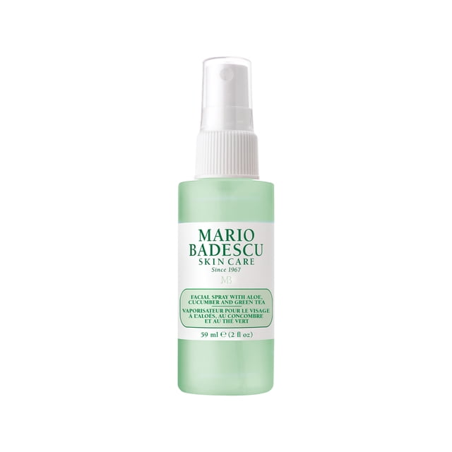 Mario Badescu Facial Spray With Aloe, Cucumber & Green Tea, 2 oz clear front-facing spray bottle with visible Mario Badescu Skin Care label; facial mist formulated with aloe, cucumber, green tea and peppermint waters for a cooling hydration boost, often used to refresh skin or set makeup.