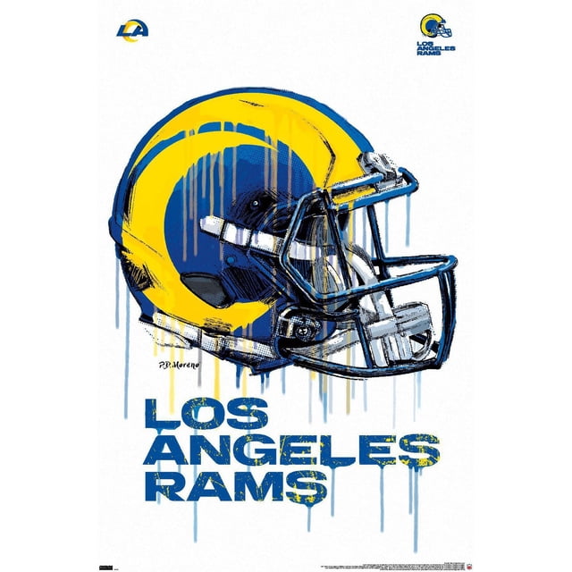 NFL Los Angeles Rams - Drip Helmet 20 Wall Poster, 14.725" x 22.375" framed featuring a front-facing artistic illustration of a Los Angeles Rams football helmet with a yellow ram horn on a blue helmet, dripping paint effect, and distressed blue 'LOS ANGELES RAMS' text on a white background, suitable for sports-themed wall décor or fan rooms.