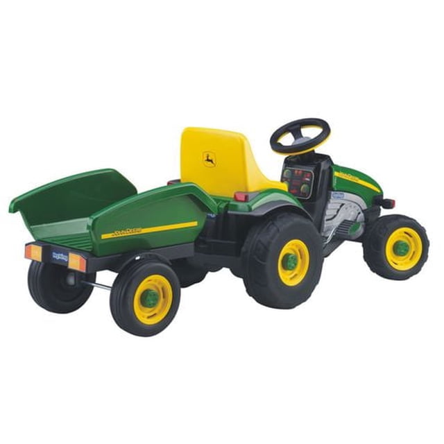 John Deere Farm Tractor with Trailer pedal ride-on toy in green and yellow featuring large durable wheels, adjustable yellow seat with John Deere logo, enclosed chain drive, realistic dashboard, and detachable matching trailer suitable for toddlers' outdoor hauling play.