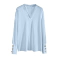 thumbnail image 4 of WUANDIXFA Winter Sweaters for Women Solid Color V Neck Lace Stitching Buttons Long Sleeves Sweater Light Blue,S, 4 of 5
