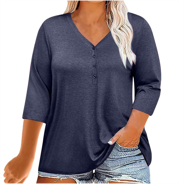 Plebaso Womens Plus Size Tops 3/4 Sleeve V Neck Casual T Shirts Loose Solid Color Button down Blouses Tees