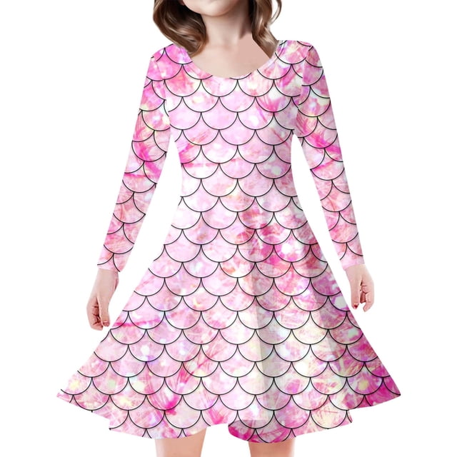 MIASHUI Robe Sirène Filles Enfants Manches Longues Scintillante Robes de Vacances, Rose, 6-7 Ans