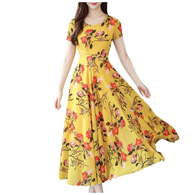 Hontri Robe Décontractée pour Femme Offres à Moins de 15 $, Mode Femme Été Grâce Mi-Mollet Manches Courtes Robe de Plage Imprimée Jaune 3TG