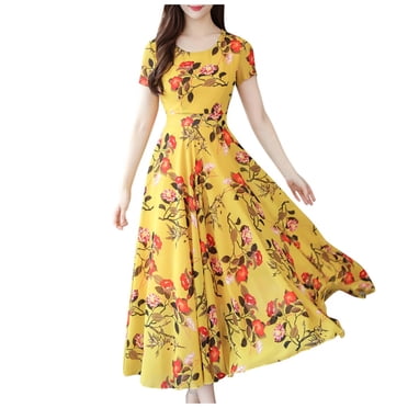 Hontri Women's Casual Dress Deals under $15, Women Fashion Summer Grace Mid-Calf Short Sleeve Beach Printing Dress Yellow L