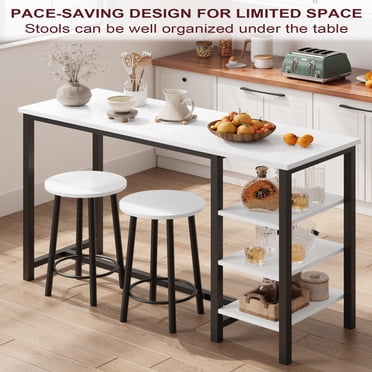 Ensemble Moderne de Table et Chaises Hauteur Bar 3 Pcs – Mobilier de Salle à Manger Bistro de Bureau avec 3 Étagères de Rangement – Parfait pour les Petits Appartements, le Bureau Ou le Coin-Déjeuner – Panneau Blanc + Tube Noir