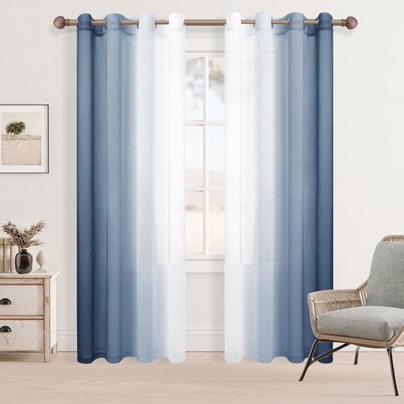 Hiasan Ombre Sheer Curtains - Gradient Semi Voile Curtains for Bedroom & Living Room, Grommet Top Window Curtain Panels, 52"x84", Denim Blue, Set of 2