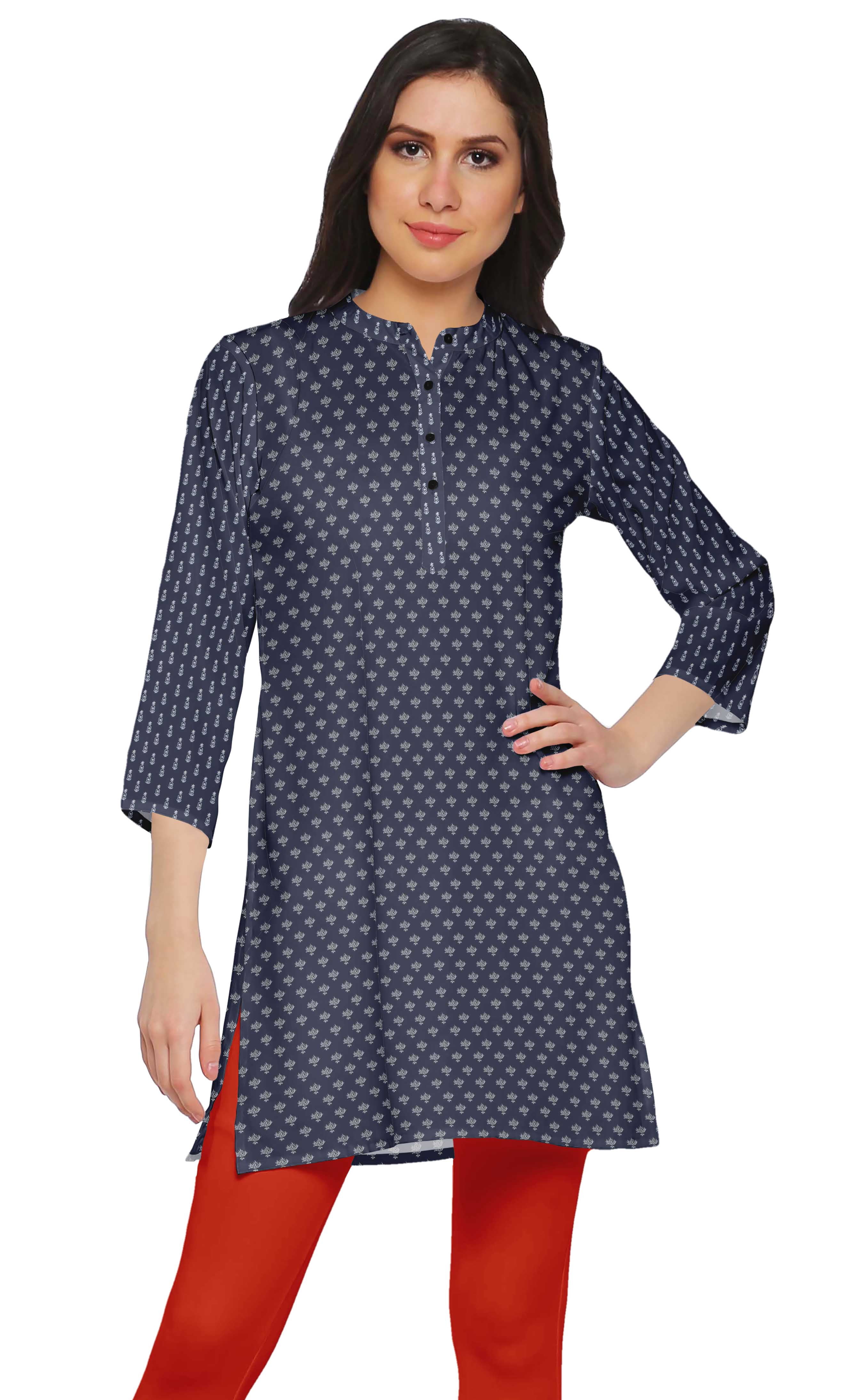 Moomaya Robes Tuniques Courtes en Poly-Crêpe pour Femmes Kurti Imprimé Mini Tenue d'Été