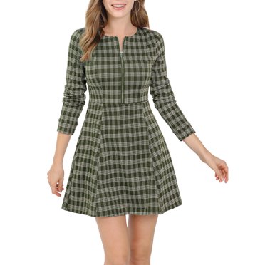INSPIRE CHIC Women's Vintage Plaid Zip up Long Sleeve Fit and Flare Mini Dress S Aubergine