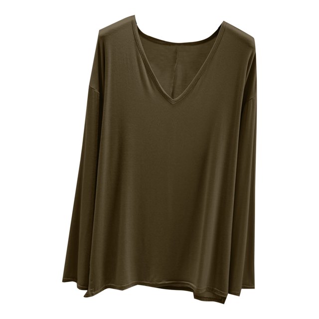 MeetoTime V Neck Long Sleeve Shirts for Women Comfortable Loose Tops Solid Color Lounge Tops Pullover