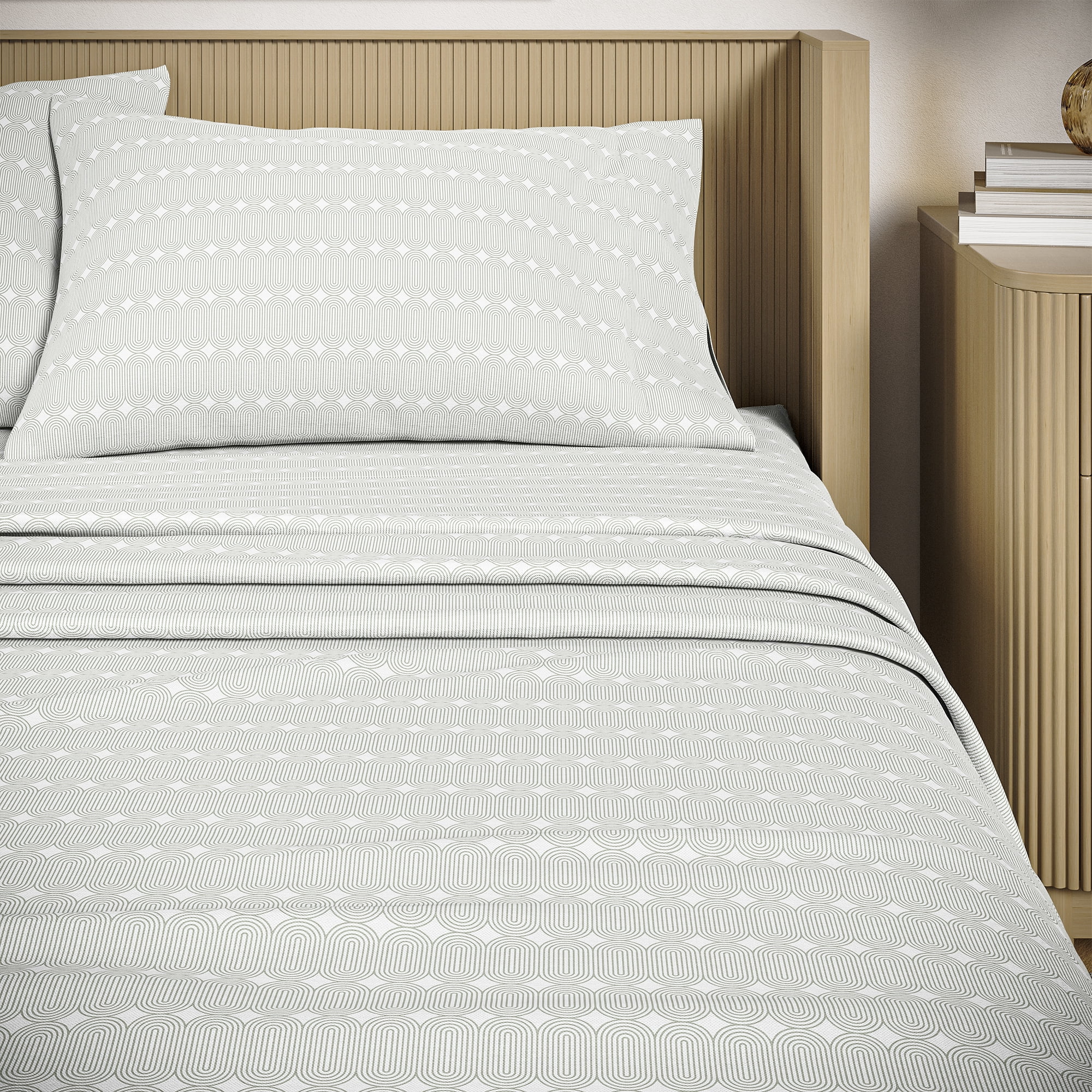 Beautiful Geometric 4-Piece Percale Sage Green Sheet Set, Double by Drew Barrymore