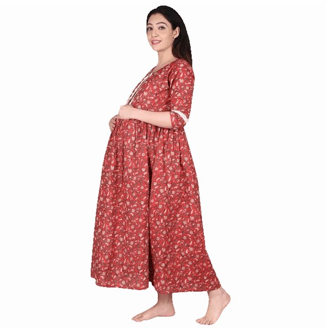 DWEEP SARA Red Block Printed Maternity Cotton Dress, XL/42