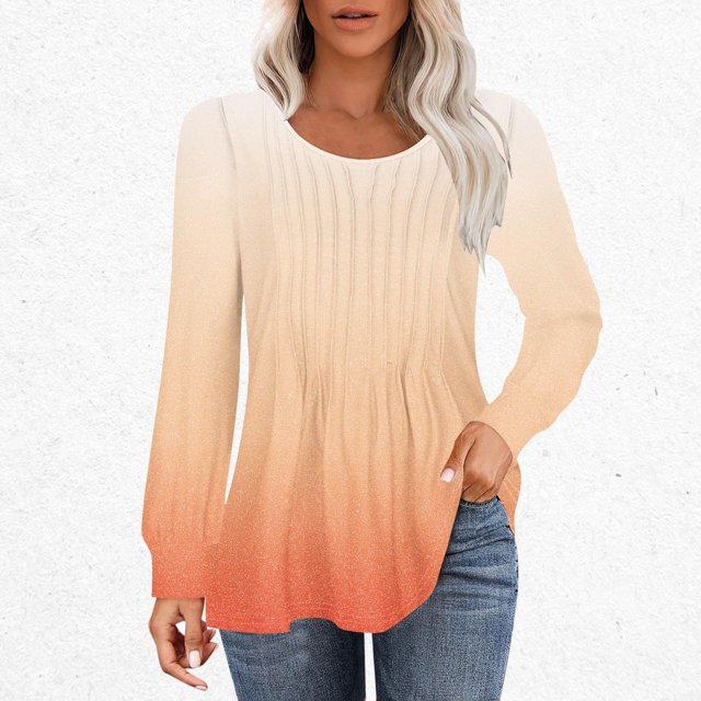 RXIRUCGD Hauts à Manches Longues Décontractés pour Femmes, Mode, Amples, Plissés, Col Rond, Dégradé, Orange, Taille : S