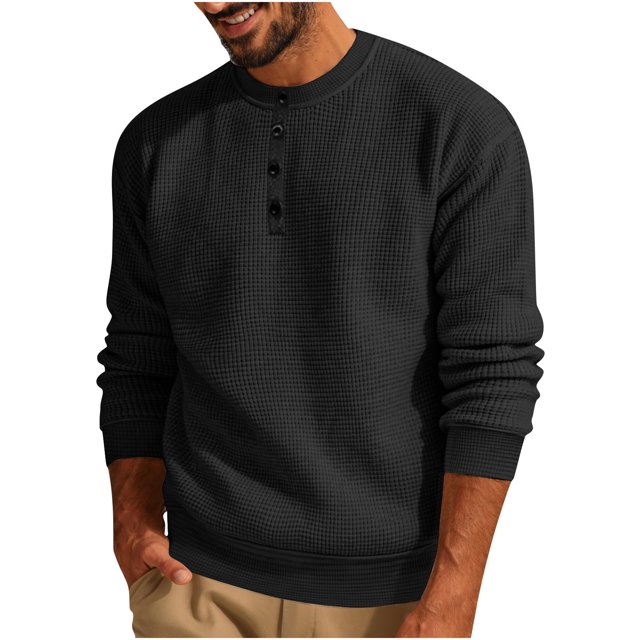 Penkiiy Men's Solid Color 3-Button Round Neck Waffle Long Sleeved Shirt Black