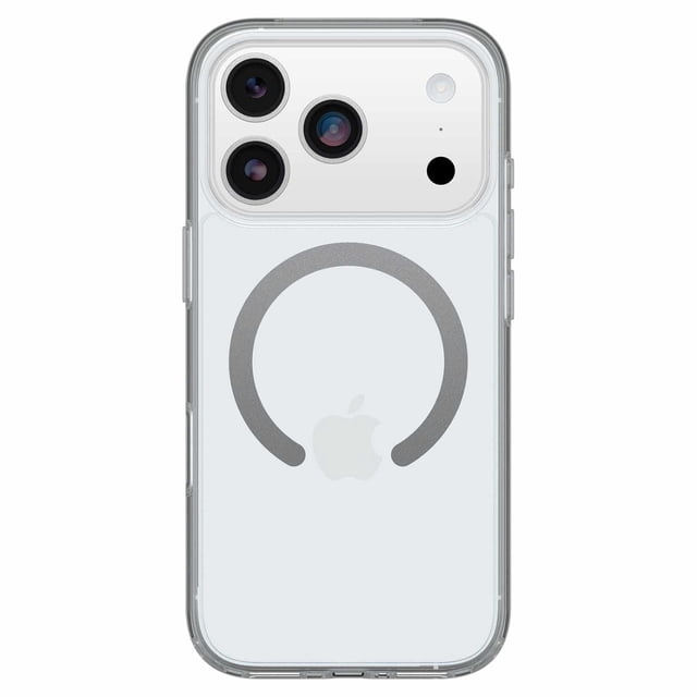 OtterBox Symmetry Clear MagSafe Case w/Camera Control Clear with Blue Tint for iPhone 17 Pro, an ultra-slim transparent case with a blue tint, featuring built-in anchors for straps and charms, raised edges protecting the triple camera lenses, tactile side buttons, and a MagSafe ring around the Apple logo for wireless charging compatibility.