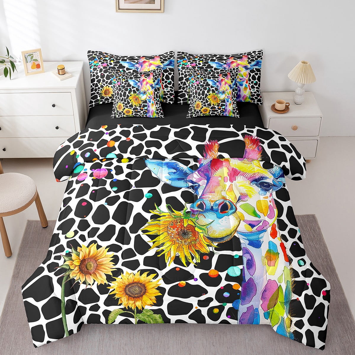 YST Cartoon Giraffe Bed in a Bag Bedding Set, 7-Piece, Black and White, Queen